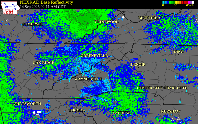 Current NEXRAD radar over Unicoi County, Tennessee with recent storm report locations