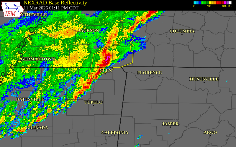 NEXRAD radar during the Wednesday, March 11, 2026 storm activity in Union County, Tennessee