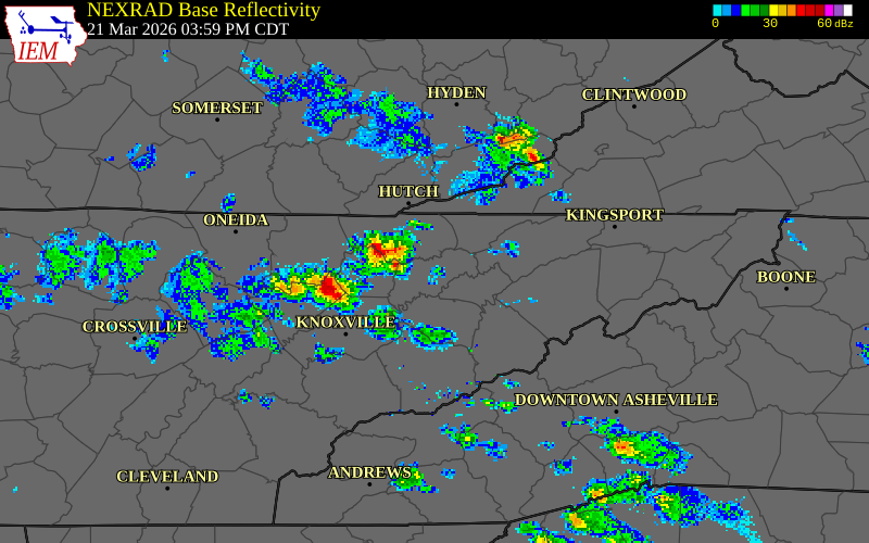 NEXRAD radar during the Saturday, March 21, 2026 storm activity in Union County, Tennessee