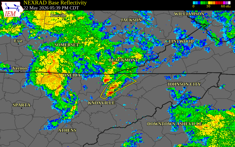 NEXRAD radar during the Friday, May 22, 2026 storm activity in Union County, Tennessee