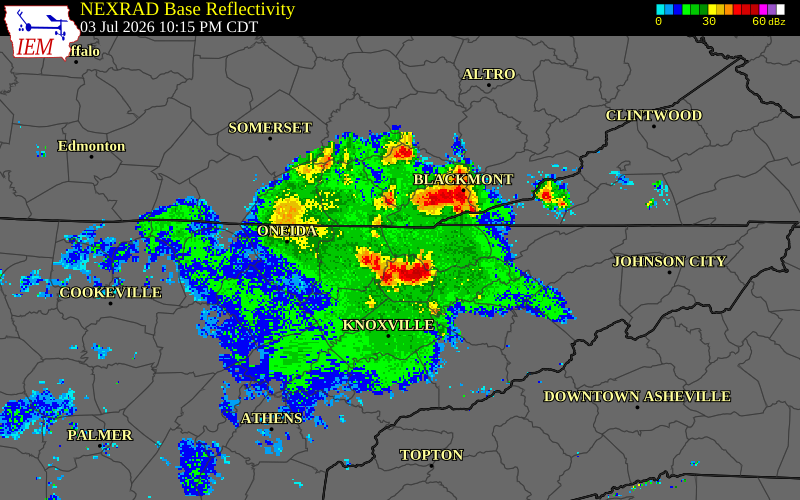 NEXRAD radar during the Friday, July 3, 2026 storm activity in Union County, Tennessee