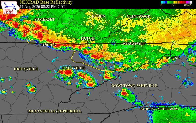 NEXRAD radar during the Tuesday, August 11, 2026 storm activity in Union County, Tennessee