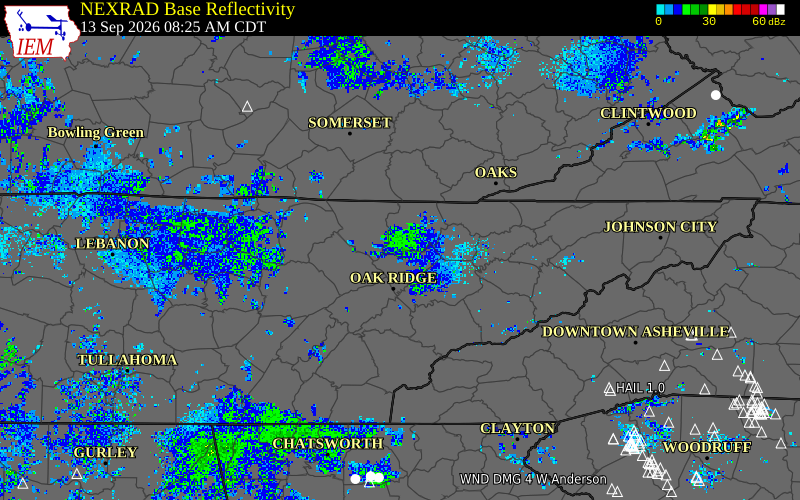 Current NEXRAD radar over Union County, Tennessee with recent storm report locations