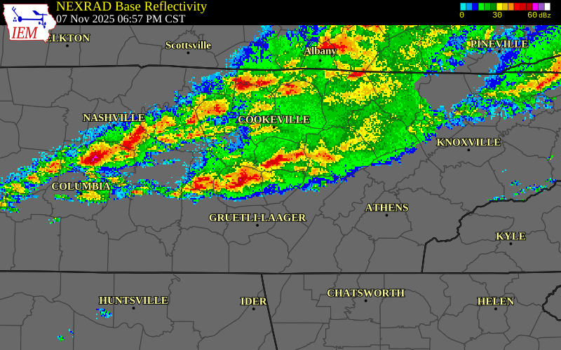 NEXRAD radar during the Friday, November 7, 2025 storm activity in Van Buren County, Tennessee