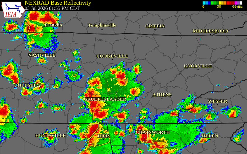 NEXRAD radar during the Friday, July 3, 2026 storm activity in Van Buren County, Tennessee