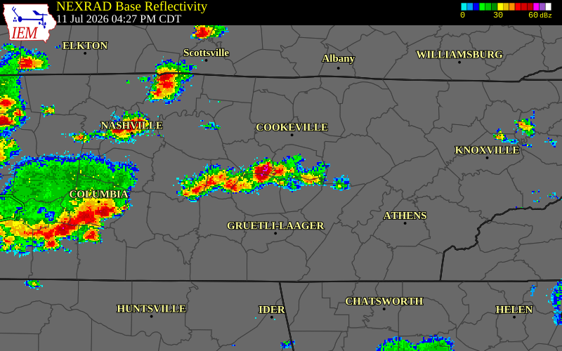 NEXRAD radar during the Saturday, July 11, 2026 storm activity in Van Buren County, Tennessee