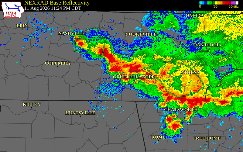 NEXRAD radar during the Tuesday, August 11, 2026 storm activity in Van Buren County, Tennessee