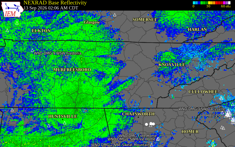 Current NEXRAD radar over Van Buren County, Tennessee with recent storm report locations