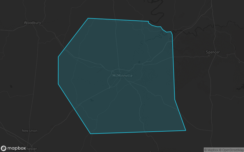 Map of Warren County, Tennessee showing the county boundary and surrounding cities