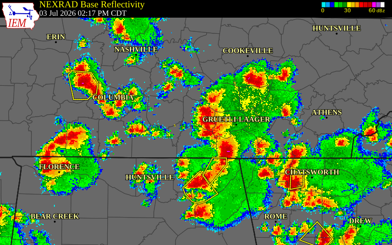NEXRAD radar during the Friday, July 3, 2026 storm activity in Warren County, Tennessee