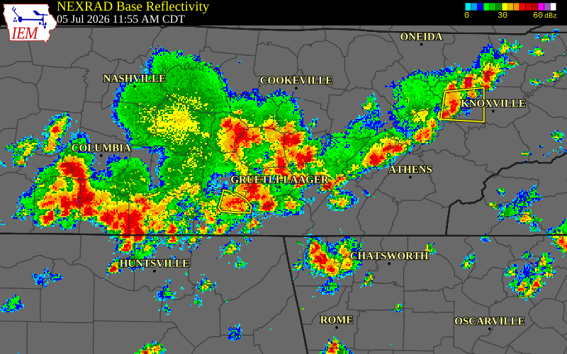 NEXRAD radar during the Sunday, July 5, 2026 storm activity in Warren County, Tennessee