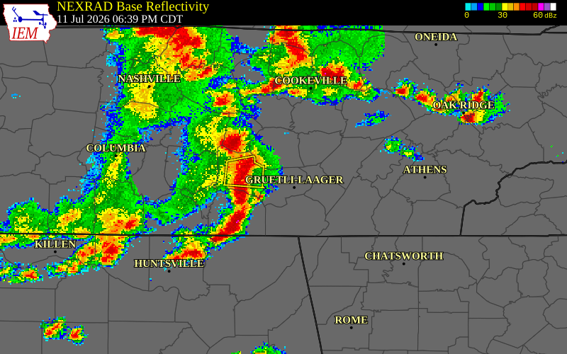 NEXRAD radar during the Saturday, July 11, 2026 storm activity in Warren County, Tennessee