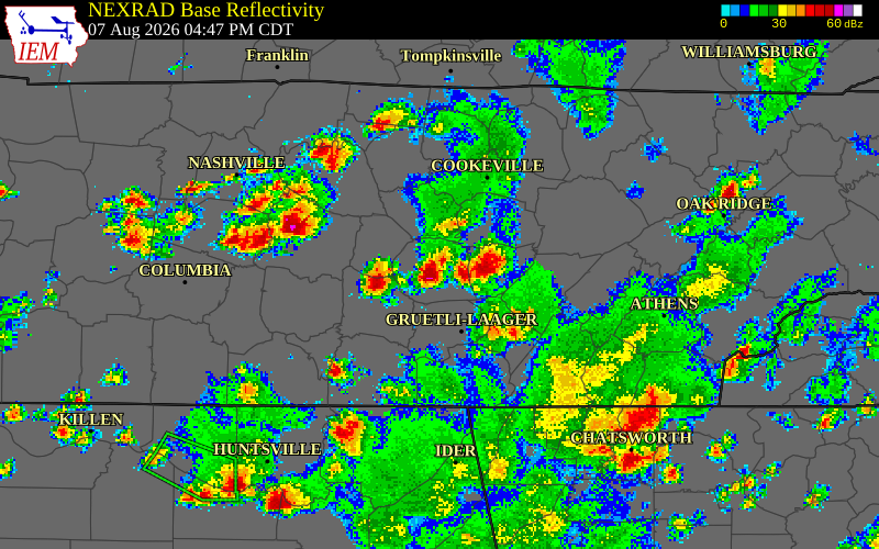 NEXRAD radar during the Friday, August 7, 2026 storm activity in Warren County, Tennessee