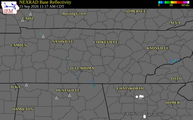 Current NEXRAD radar over Warren County, Tennessee with recent storm report locations