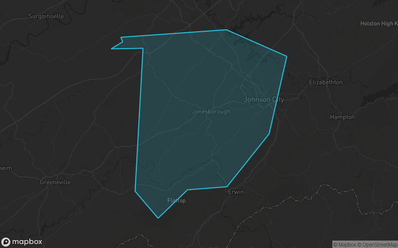 Map of Washington County, Tennessee showing the county boundary and surrounding cities