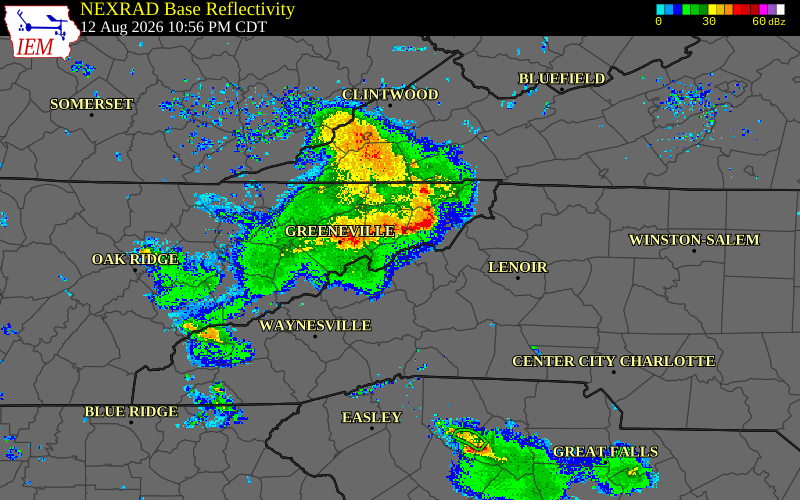 Radar snapshot during the Aug 9, 2026 wind event near Washington County, Washington County, Tennessee, with NWS warning polygons