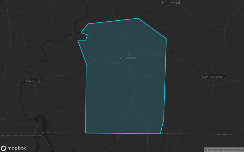 Map of Wayne County, Tennessee showing the county boundary and surrounding cities