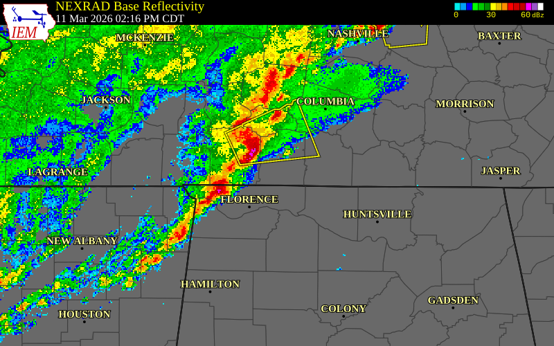 NEXRAD radar during the Wednesday, March 11, 2026 storm activity in Wayne County, Tennessee