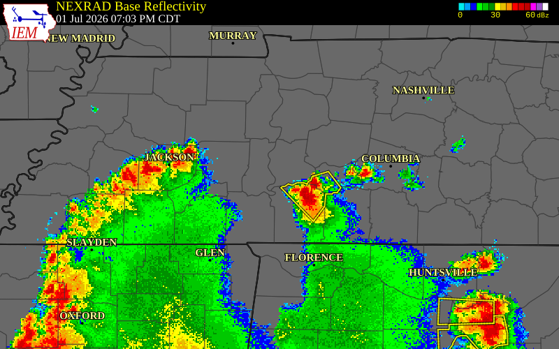 NEXRAD radar during the Wednesday, July 1, 2026 storm activity in Wayne County, Tennessee