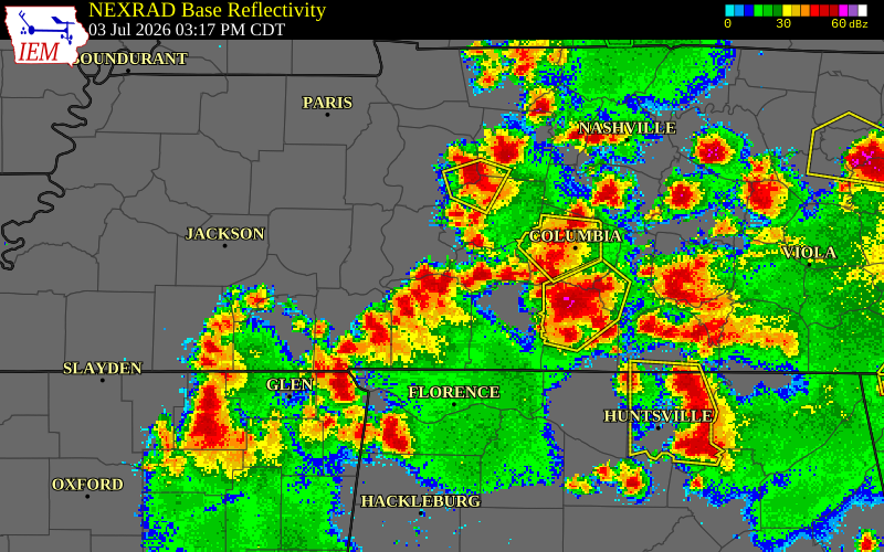NEXRAD radar during the Friday, July 3, 2026 storm activity in Wayne County, Tennessee