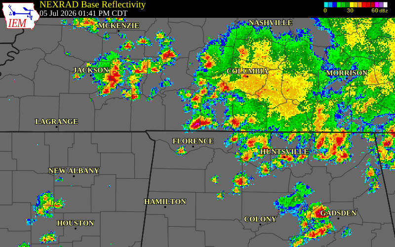 NEXRAD radar during the Sunday, July 5, 2026 storm activity in Wayne County, Tennessee