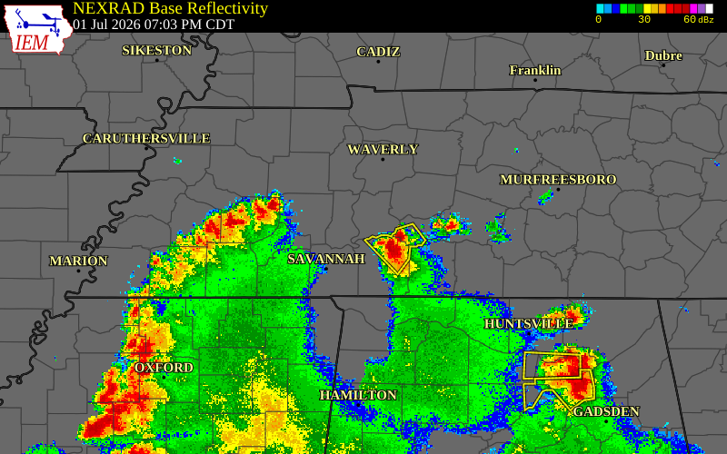 Radar snapshot during the Jul 1, 2026 wind event near Wayne County, Wayne County, Tennessee, with NWS warning polygons