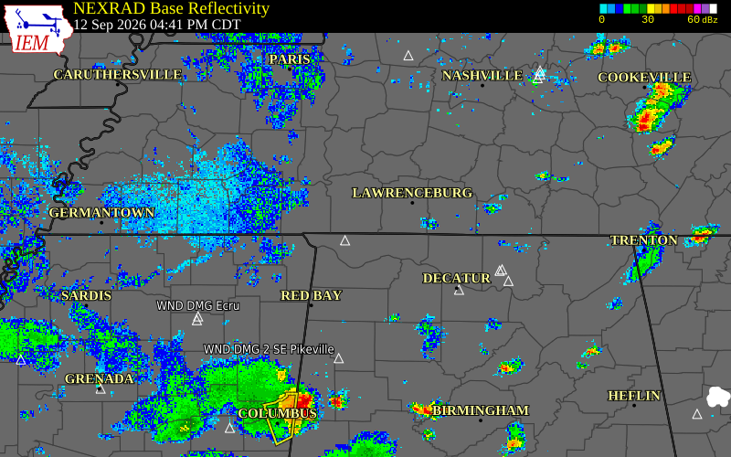 Current NEXRAD radar over Wayne County, Tennessee with recent storm report locations
