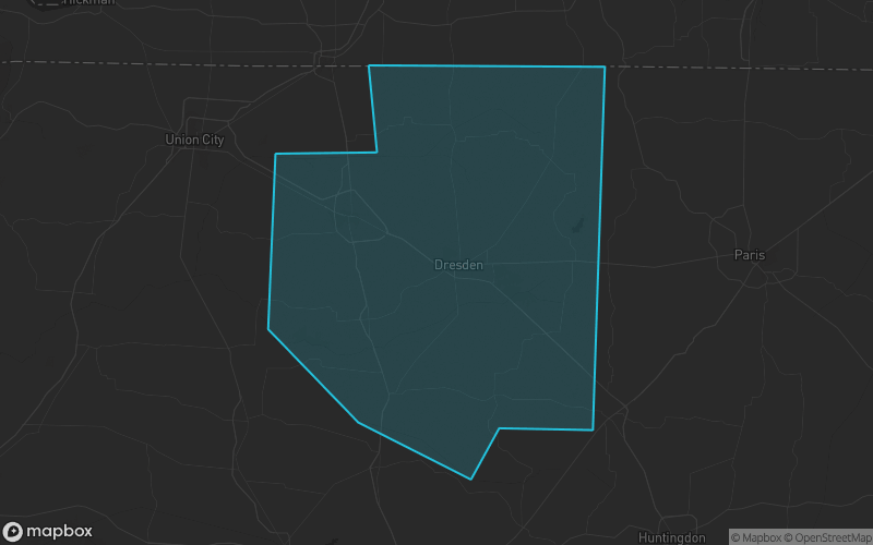 Map of Weakley County, Tennessee showing the county boundary and surrounding cities