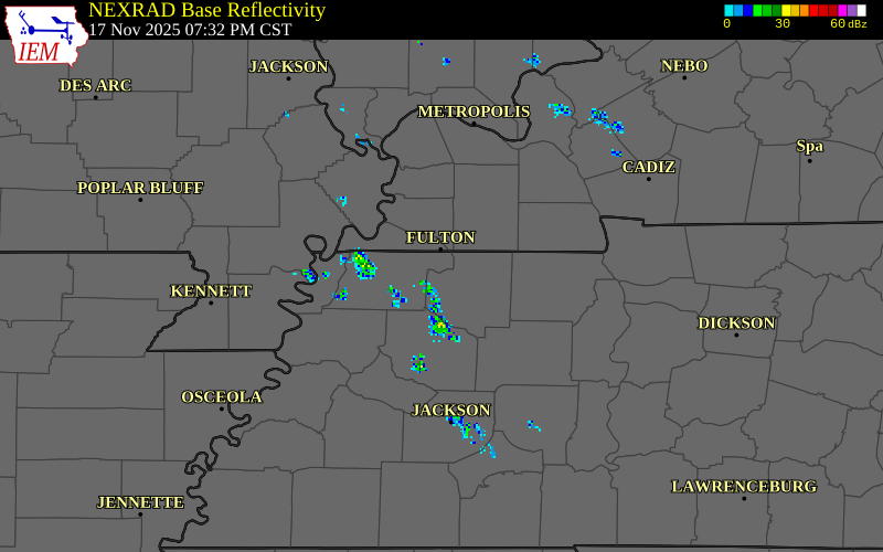 NEXRAD radar during the Monday, November 17, 2025 storm activity in Weakley County, Tennessee