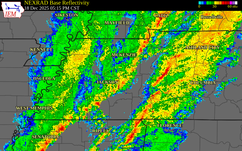 NEXRAD radar during the Thursday, December 18, 2025 storm activity in Weakley County, Tennessee