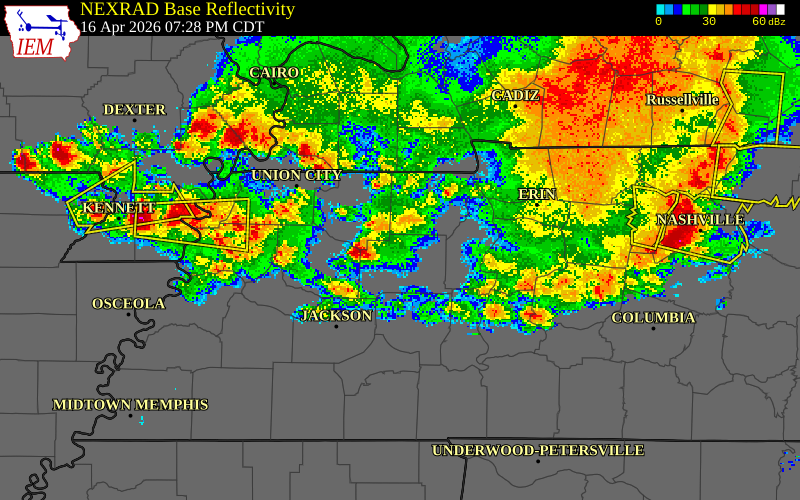 NEXRAD radar during the Thursday, April 16, 2026 storm activity in Weakley County, Tennessee