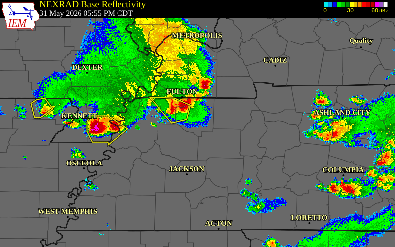 NEXRAD radar during the Sunday, May 31, 2026 storm activity in Weakley County, Tennessee