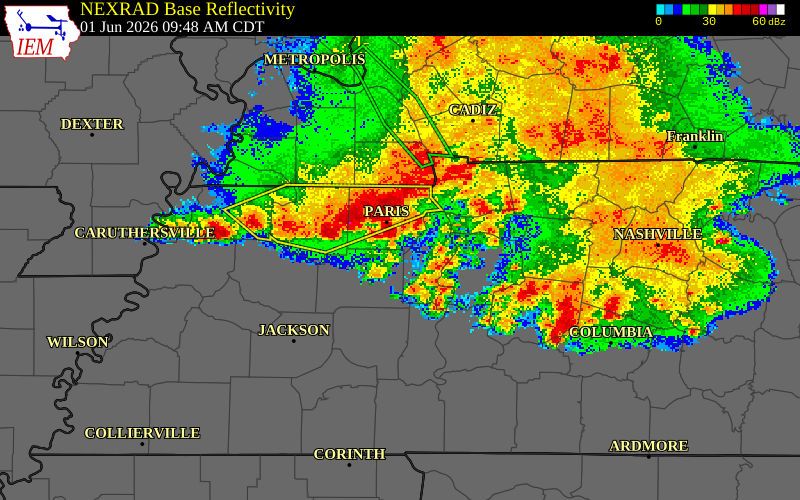 NEXRAD radar during the Monday, June 1, 2026 storm activity in Weakley County, Tennessee