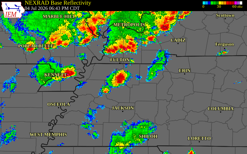 NEXRAD radar during the Saturday, July 4, 2026 storm activity in Weakley County, Tennessee
