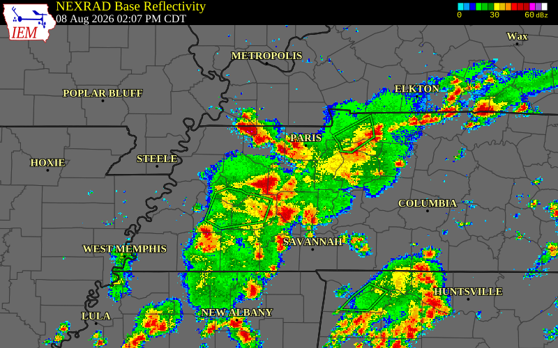 Radar snapshot during the Aug 8, 2026 wind event near Weakley County, Weakley County, Tennessee, with NWS warning polygons