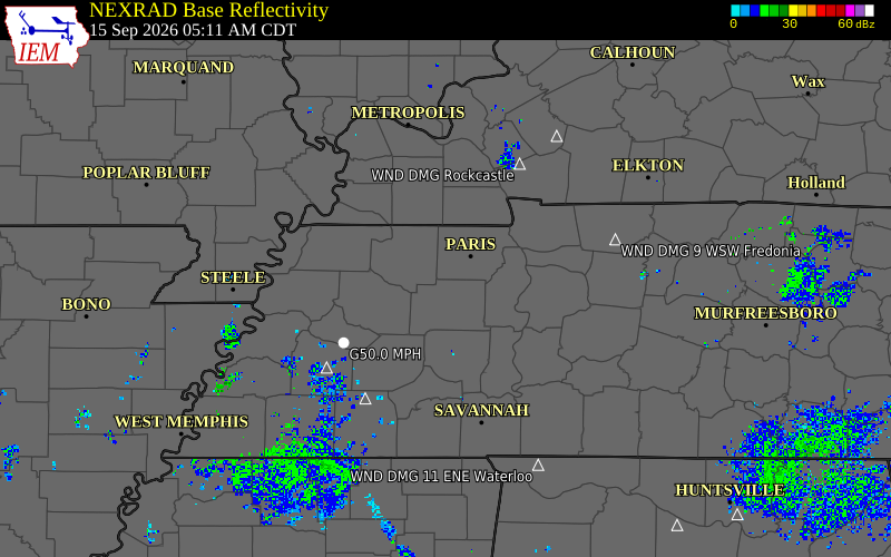 Current NEXRAD radar over Weakley County, Tennessee with recent storm report locations