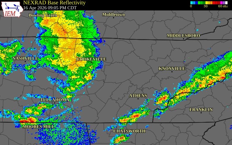 NEXRAD radar during the Thursday, April 16, 2026 storm activity in White County, Tennessee