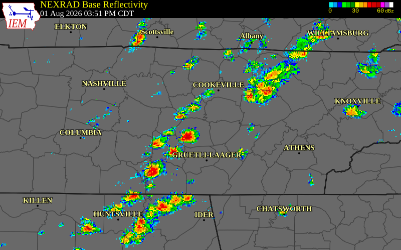 NEXRAD radar during the Saturday, August 1, 2026 storm activity in White County, Tennessee