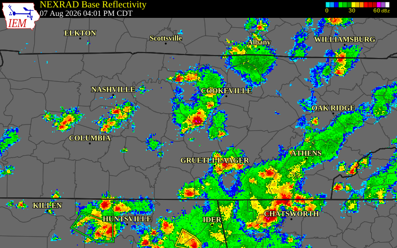 NEXRAD radar during the Friday, August 7, 2026 storm activity in White County, Tennessee