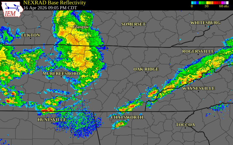 Radar snapshot during the Apr 16, 2026 wind event near White County, White County, Tennessee, with NWS warning polygons