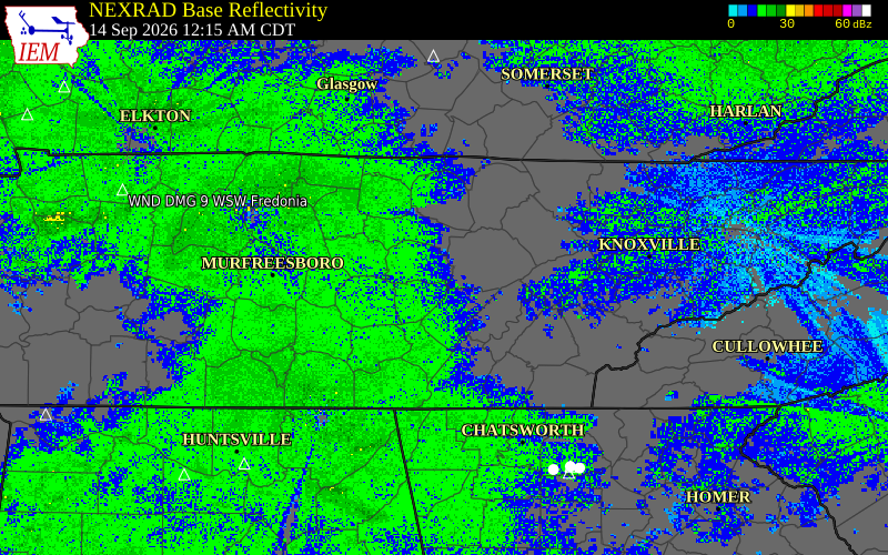 Current NEXRAD radar over White County, Tennessee with recent storm report locations