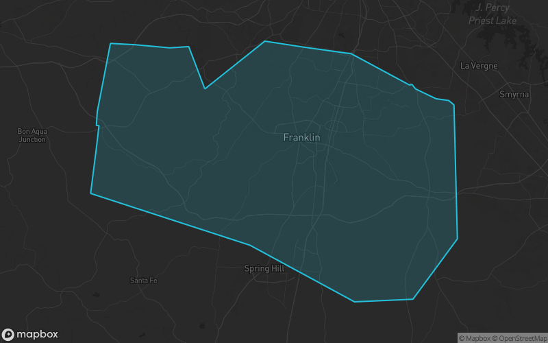 Map of Williamson County, Tennessee showing the county boundary and surrounding cities