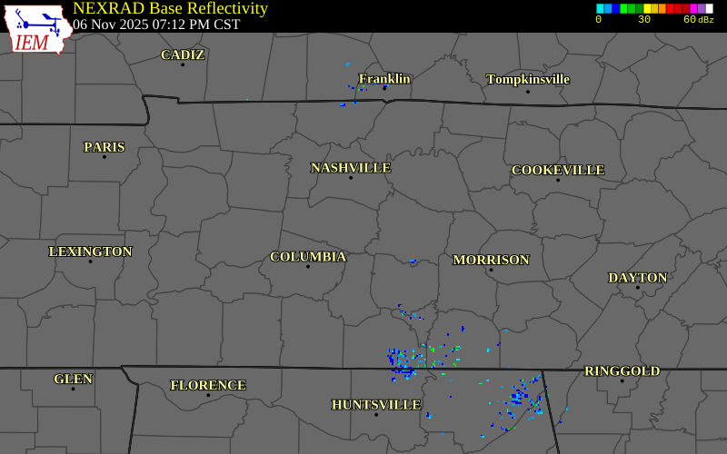 NEXRAD radar during the Thursday, November 6, 2025 storm activity in Williamson County, Tennessee