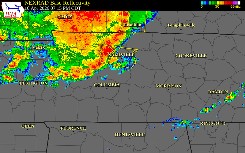 NEXRAD radar during the Thursday, April 16, 2026 storm activity in Williamson County, Tennessee