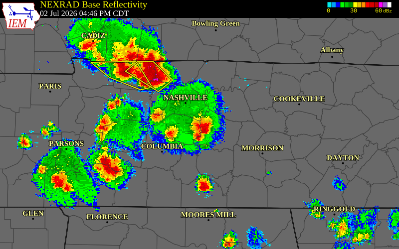 NEXRAD radar during the Thursday, July 2, 2026 storm activity in Williamson County, Tennessee