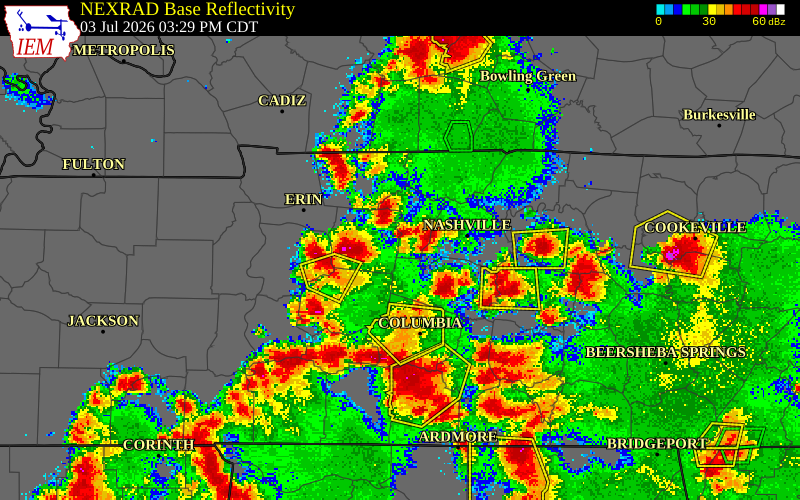 NEXRAD radar during the Friday, July 3, 2026 storm activity in Williamson County, Tennessee