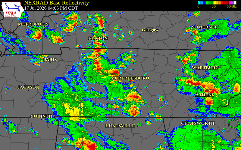 Radar snapshot during the Jul 17, 2026 wind event near Williamson County, Williamson County, Tennessee, with NWS warning polygons