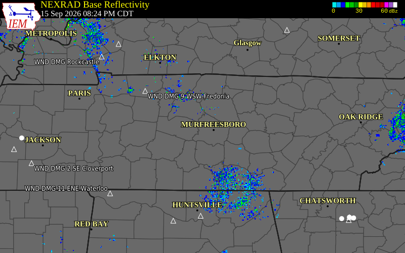 Current NEXRAD radar over Williamson County, Tennessee with recent storm report locations
