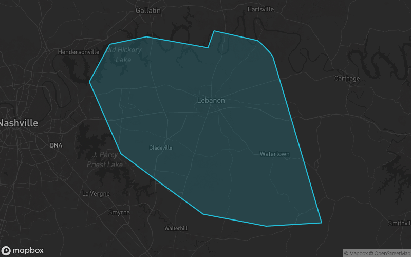 Map of Wilson County, Tennessee showing the county boundary and surrounding cities