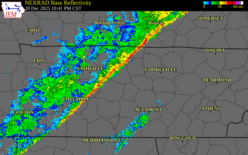 NEXRAD radar during the Sunday, December 28, 2025 storm activity in Wilson County, Tennessee